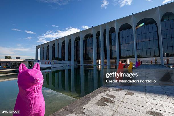 Cracking Art Group animals invade Mondadori Palace by Oscar Niemeyer, Arnoldo Mondadori Editore headquarter. Segrate, September 2015