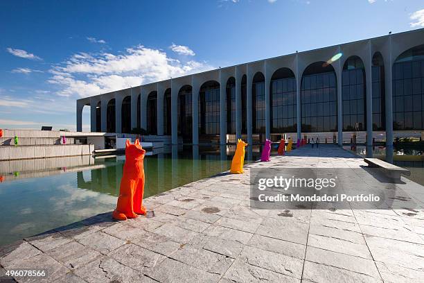 Cracking Art Group animals invade Mondadori Palace by Oscar Niemeyer, Arnoldo Mondadori Editore headquarter. Segrate, September 2015