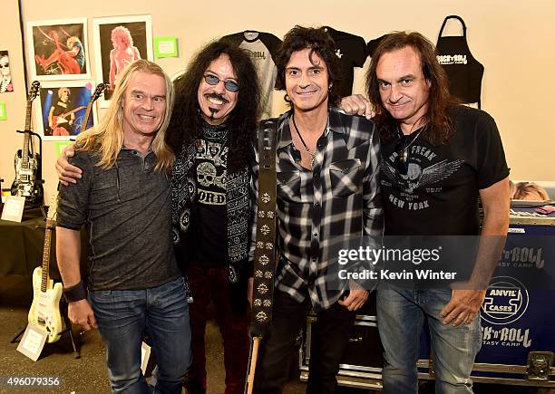Musicians Tony Franklin, Frankie Banali, Phil Soussan and Vinny Appice pose at the Rock 'N' Roll Fantasy Camp at AMP Rehearsal Studios on November 6,...
