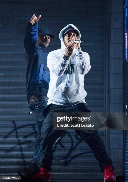 Special guest Eminem performs during the Big Sean concert in his hometown of Detroit at Joe Louis Arena on November 6, 2015 in Detroit, Michigan.