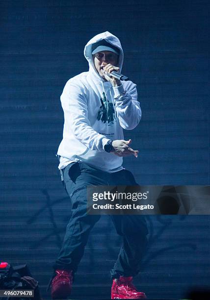 Special guest Eminem performs during the Big Sean concert in his hometown of Detroit at Joe Louis Arena on November 6, 2015 in Detroit, Michigan.
