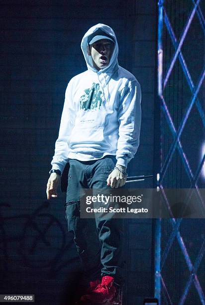 Special guest Eminem performs during the Big Sean concert in his hometown of Detroit at Joe Louis Arena on November 6, 2015 in Detroit, Michigan.