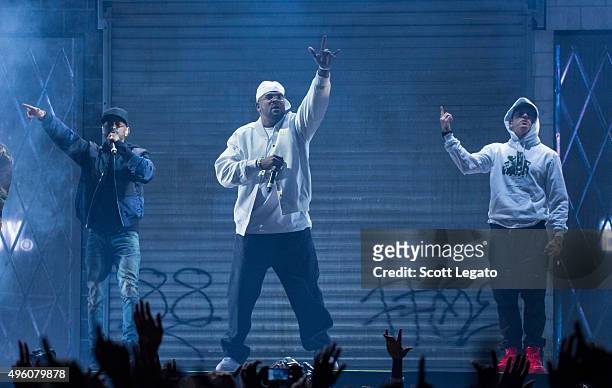 Big Sean, Trick Trick and Eminem perform in their hometown of Detroit at Joe Louis Arena on November 6, 2015 in Detroit, Michigan.