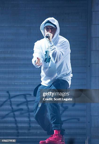 Special guest Eminem performs during the Big Sean concert in his hometown of Detroit at Joe Louis Arena on November 6, 2015 in Detroit, Michigan.