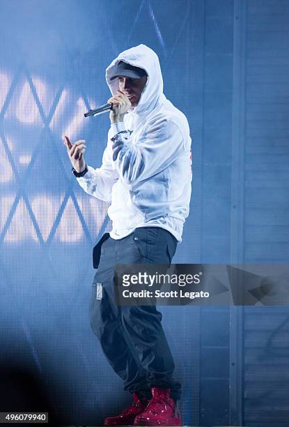 Special guest Eminem performs during the Big Sean concert in his hometown of Detroit at Joe Louis Arena on November 6, 2015 in Detroit, Michigan.