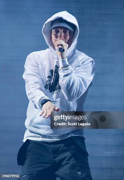 Special guest Eminem performs during the Big Sean concert in his hometown of Detroit at Joe Louis Arena on November 6, 2015 in Detroit, Michigan.