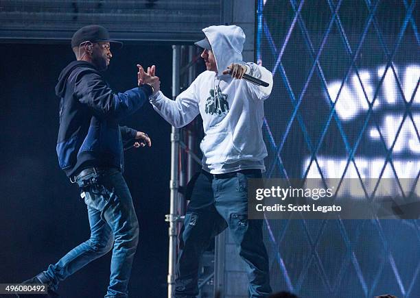 Big Sean and with special guest Eminem perform in concert in their hometown of Detroit at Joe Louis Arena on November 6, 2015 in Detroit, Michigan.