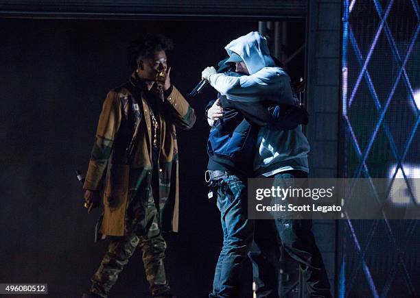 Danny Brown, Big Sean and with special guest Eminem perform in concert in their hometown of Detroit at Joe Louis Arena on November 6, 2015 in...