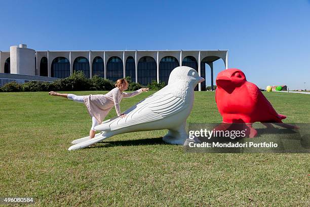 Cracking Art Group animals invade Mondadori Palace by Oscar Niemeyer, Arnoldo Mondadori Editore headquarter. Laura Sponziello performs creative dance...