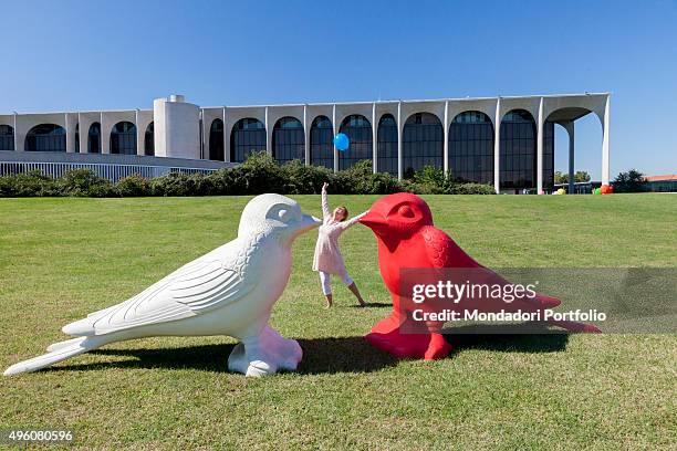 Cracking Art Group animals invade Mondadori Palace by Oscar Niemeyer, Arnoldo Mondadori Editore headquarter. Laura Sponziello performs creative dance...