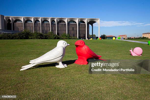 Cracking Art Group animals invade Mondadori Palace by Oscar Niemeyer, Arnoldo Mondadori Editore headquarter. Segrate, September 2015