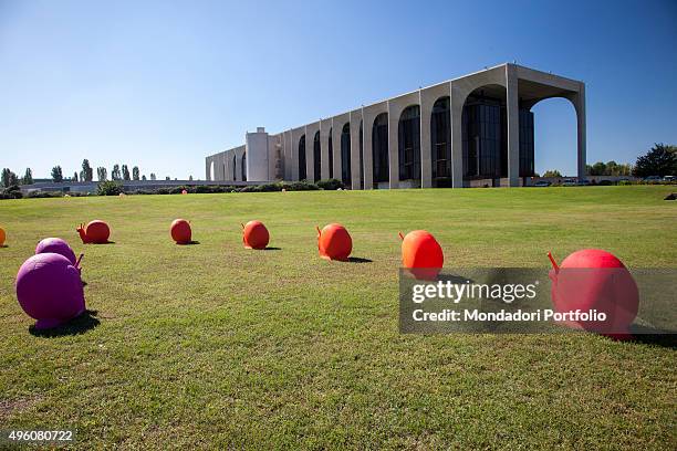 Cracking Art Group animals invade Mondadori Palace by Oscar Niemeyer, Arnoldo Mondadori Editore headquarter. Segrate, September 2015