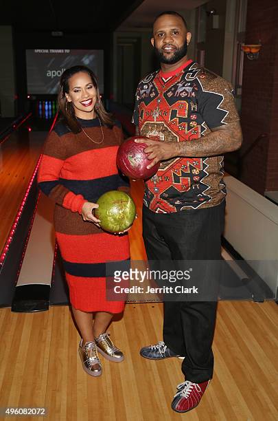 Yankees Pitcher C.C. Sabathia and wife Amber Sabathia bowl at their PitCCh In Foundation's 5th Annual CC Challenge rules party at Bowlmor Lanes on...