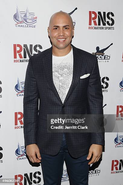 Yankees player Carlos Beltran attends Amber and C.C. Sabathia's 5th Annual PitCCh In Foundation CC Challenge rules party at Bowlmor Lanes on November...