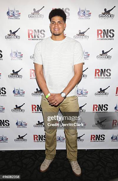 Yankees Pitcher Dellin Betances attends Amber and C.C. Sabathia's 5th Annual PitCCh In Foundation CC Challenge rules party at Bowlmor Lanes on...
