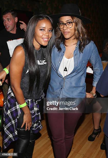 Angela Simmons and Samantha Shipp attend Amber and C.C. Sabathia's 5th Annual PitCCh In Foundation CC Challenge rules party at Bowlmor Lanes on...