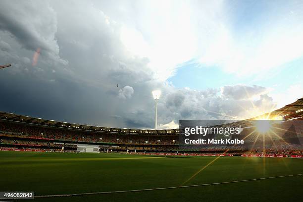 General view is seen as a storm passes during day three of the First Test match between Australia and New Zealand at The Gabba on November 7, 2015 in...