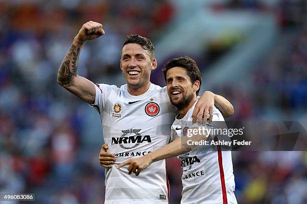 Andreu of the Wanderers celebrates his goal with Scott Neville during the round five A-League match between the Newcastle Jets and the Western Sydney...