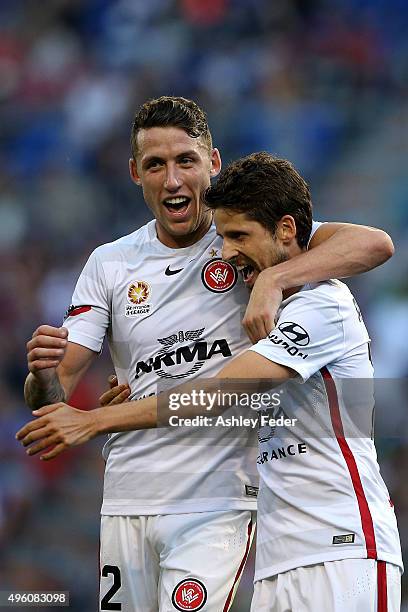 Andreu of the Wanderers celebrates his goal with Scott Neville during the round five A-League match between the Newcastle Jets and the Western Sydney...