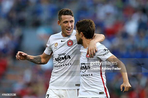 Andreu of the Wanderers celebrates his goal with Scott Neville during the round five A-League match between the Newcastle Jets and the Western Sydney...