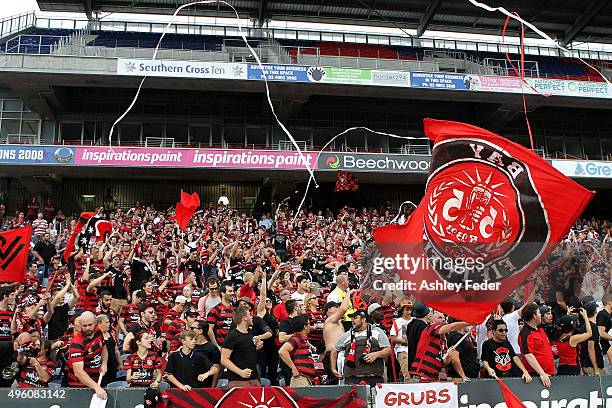 Wanderers fans show their support during the round five A-League match between the Newcastle Jets and the Western Sydney Wanderers at Hunter Stadium...