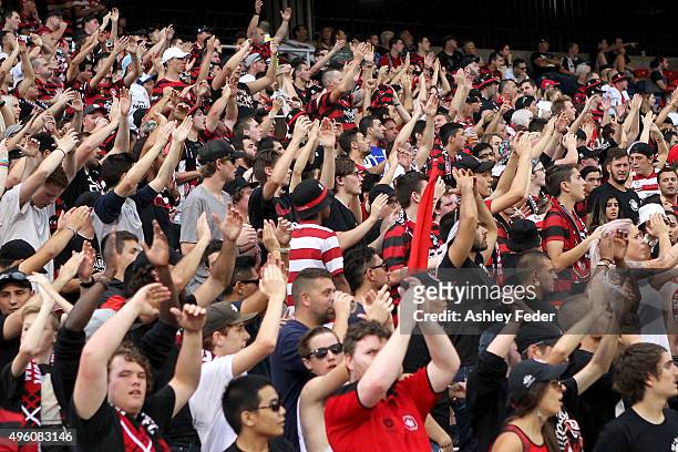 Wanderers fans show their support during the round five A-League match between the Newcastle Jets and the Western Sydney Wanderers at Hunter Stadium...