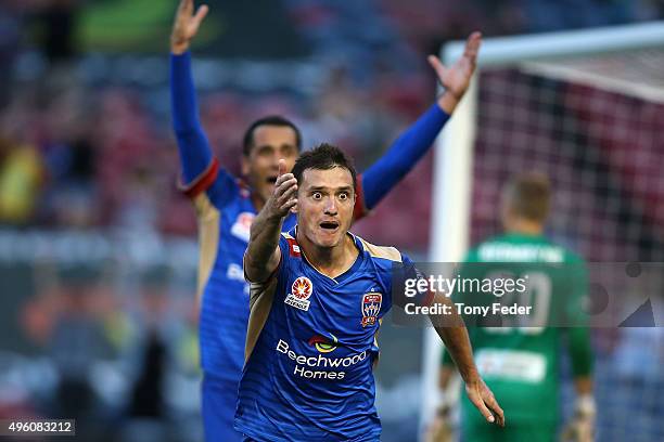 Enver Alivodic of the Jets celebrates a goal during the round five A-League match between the Newcastle Jets and the Western Sydney Wanderers at...