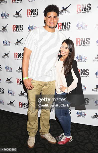 Yankees Pitcher Dellin Betances and wife Janisa attend Amber and C.C. Sabathia's 5th Annual PitCCh In Foundation CC Challenge rules party at Bowlmor...