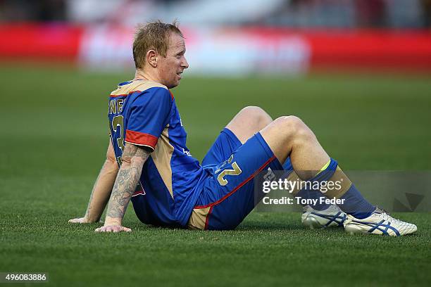 David Carney of the Jets looks dejected after losing to the Wanderers during the round five A-League match between the Newcastle Jets and the Western...