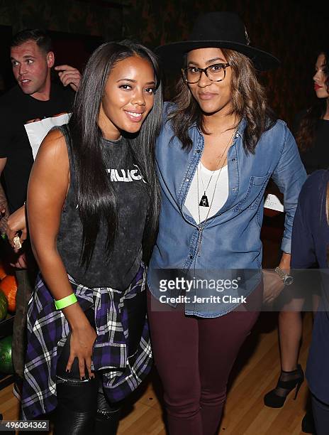 Angela Simmons and Samantha Shipp attend Amber and C.C. Sabathia's 5th Annual PitCCh In Foundation CC Challenge rules party at Bowlmor Lanes on...