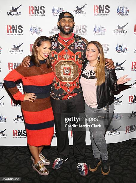 Yankees Pitcher C.C. Sabathia and wife Amber Sabathia pose with Angie Martinez at their PitCCh In Foundation's 5th Annual CC Challenge rules party at...