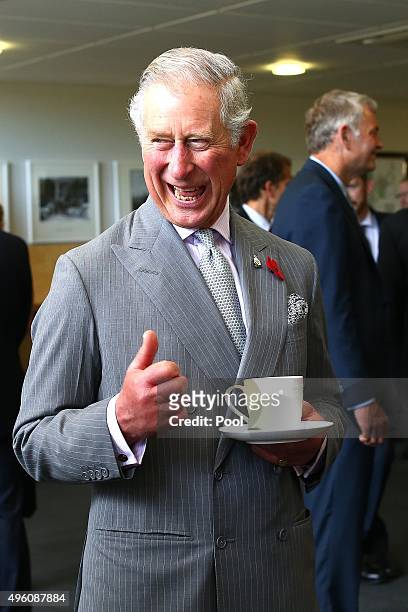 Prince Charles, Prince of Wales enjoys a cup of tea at the Cawthron Institute on November 7, 2015 in Nelson, New Zealand. The Royal couple are on a...