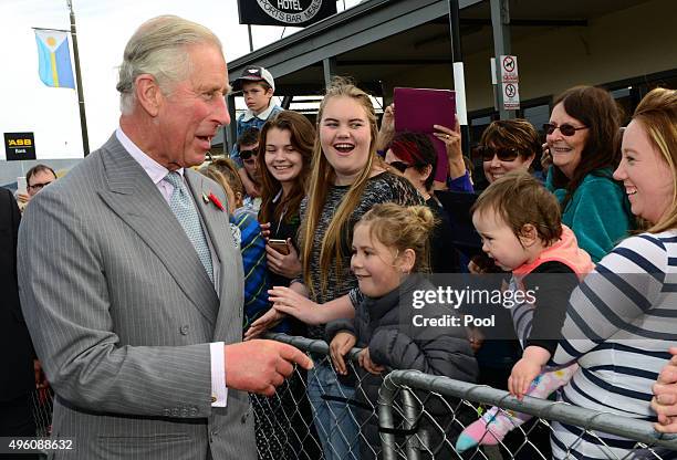 Prince Charles, Prince of Wales greets well wishers on November 7, 2015 in Westport, New Zealand. The Royal couple are on a 12 day tour visiting...