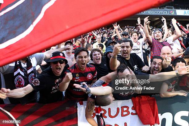 Wanderers fans show their support during the round five A-League match between the Newcastle Jets and the Western Sydney Wanderers at Hunter Stadium...