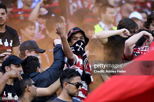 Wanderers fans show their support during the round five A-League match between the Newcastle Jets and the Western Sydney Wanderers at Hunter Stadium...