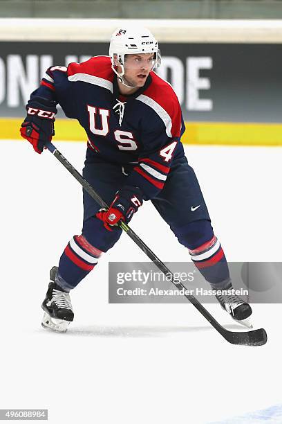 Chad Billins of the USA skates during match 1 of the Deutschland Cup 2015 between USA and Slovakia at Curt-Frenzel-Stadion on November 6, 2015 in...