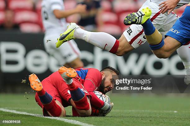 Mark Birighitti of the Jets saves a shot at goal during the round five A-League match between the Newcastle Jets and the Western Sydney Wanderers at...