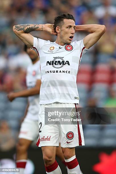 Scott Neville of the Wanderers reacts after missing a shot at goal during the round five A-League match between the Newcastle Jets and the Western...