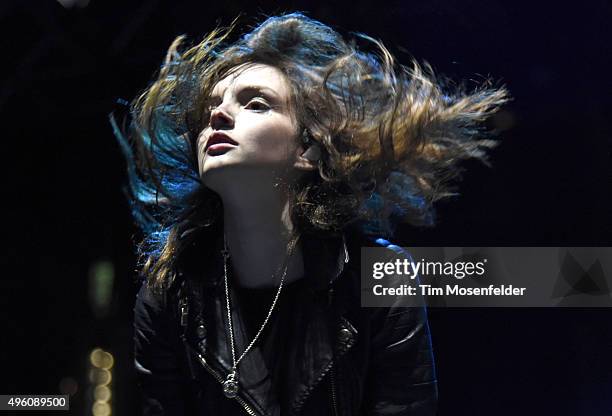 Lauren Mayberry of Chvrches performs during Fun Fun Fun Fest 2015 at Auditorium Shores on November 6, 2015 in Austin, Texas.