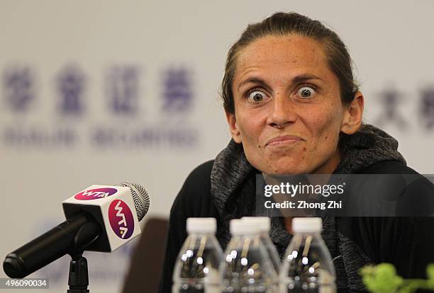 Roberta Vinci of Italy speaks to media the match against Venus Williams of USA on day 6 of Huajin Securities WTA Elite Trophy Zhuhai at Hengqin...