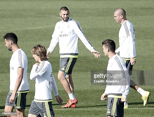 Karim Benzema of Real Madrid attends a training session at Valdebebas training ground in Madrid, Spain on November 7, 2015 ahead of La Liga football...
