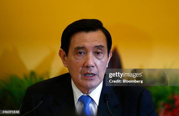 Ma Ying-jeou, Taiwan's president, speaks during a news conference following a meeting with Xi Jinping, China's president, in Singapore, on Saturday,...