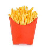 Potatoes fries in a red carton box isolated. Fast Food.