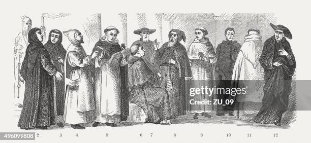 spiritual religious costumes of monks, published in 1881 - benedictine stock illustrations