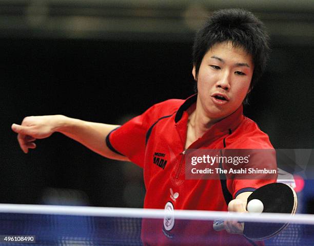 Jun Mizutani competes in the Men's Singles Round of 16 match during day five of the ALl Japan Table Tennis Championships at Tokyo Metropolitan...