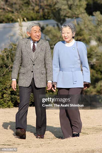Emperor Akihito and Empress Michiko stroll outside the Hayama Imperial Villa on January 2, 2007 in Hayama, Kanagawa, Japan.