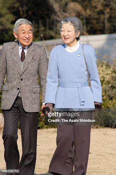 Emperor Akihito and Empress Michiko stroll outside the Hayama Imperial Villa on January 2, 2007 in Hayama, Kanagawa, Japan.