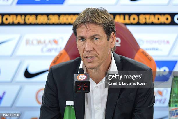 Coach of AS Roma Rudi Garcia attends a press conference on November 7, 2015 in Rome, Italy.
