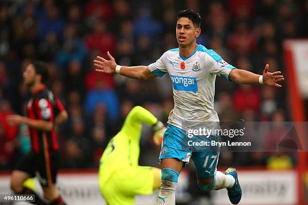 Ayoze Perez of Newcastle United celebrates scoring his team's first goal during the Barclays Premier League match between A.F.C. Bournemouth and...