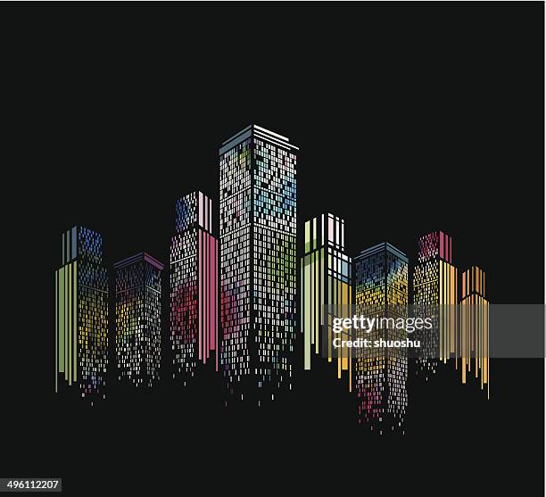 ilustraciones, imágenes clip art, dibujos animados e iconos de stock de abstracto colorido moderno edificio patrón con fondo negro - city buildings